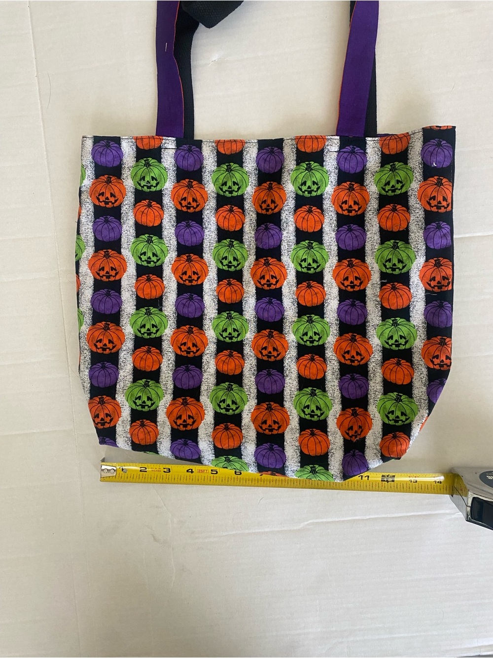 Handmade Upcycled Halloween Pumpkin Print Tote Bag in Orange, Purple & Green - Picture 3 of 6